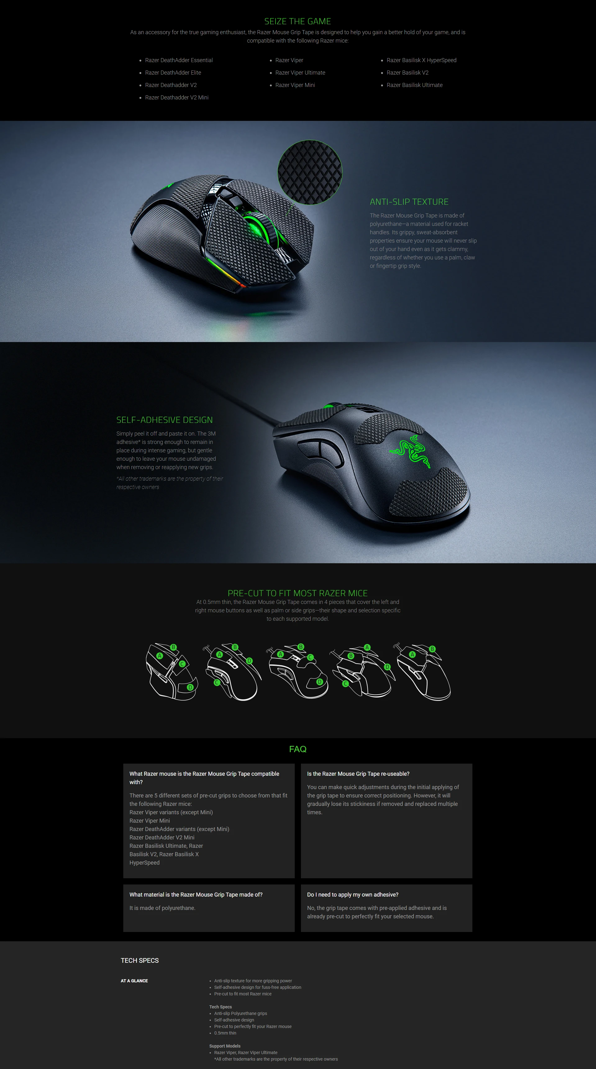 Razer Grip Tape for Razer Basilisk Ultimate/Basilisk V2/Basilisk X HyperSpeed Juodas aprašymas - Prekės nuotrauka