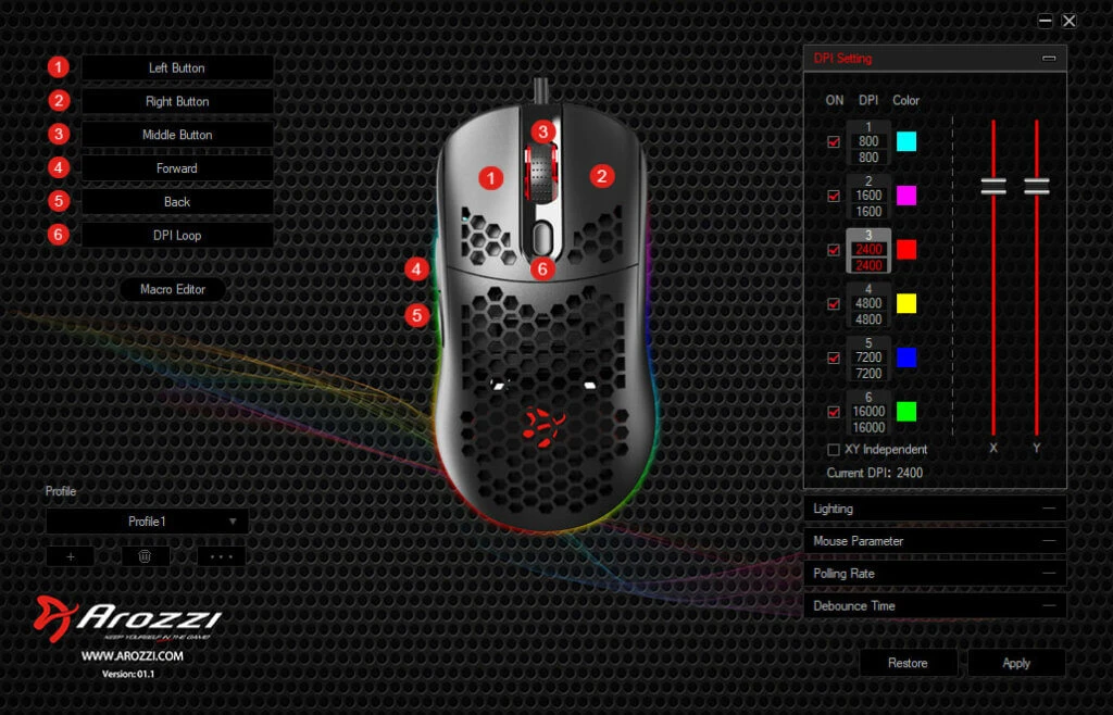 Itin lengva Žaidimų Pelė Arozzi Favo, su RGB pašvietimu, Pixart 3389 sensorius, Omron 20M switches, Juoda aprašymas - Prekės nuotrauka