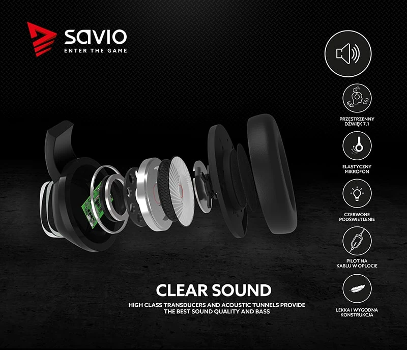 Žaidimų ausinės 7.1 virtual surround Savio VERTIGO su USB jungtimi aprašymas - Prekės nuotrauka