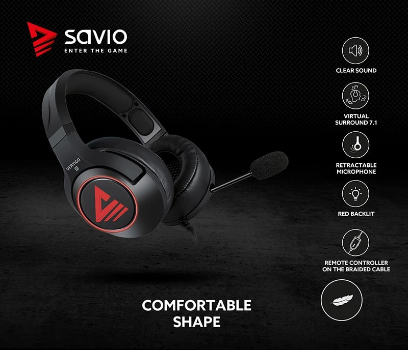 Žaidimų ausinės 7.1 virtual surround Savio VERTIGO su USB jungtimi aprašymas - Prekės nuotrauka