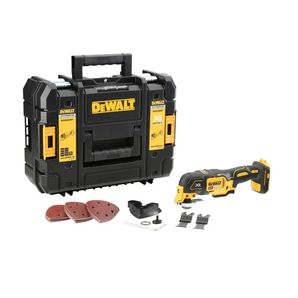 Dewalt Akumuliatorinis daugiafunkcinis šlifuoklis DCS355NT 18V XR + 29 priedai, be akumuliatoriaus ir kroviklio aprašymas - Prekės nuotrauka