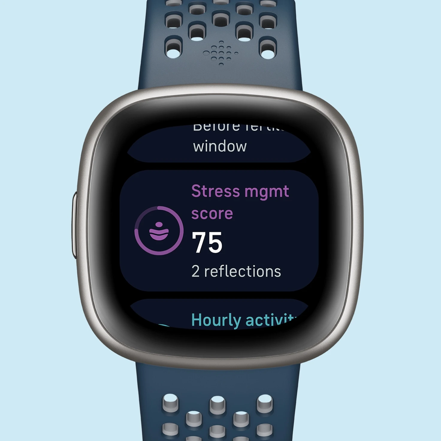 Išmanusis laikrodis Fitbit Versa 4, Platinos spalvos korpusas su melsvos spalvos silikoniniu dirželiu aprašymas - Prekės nuotrauka