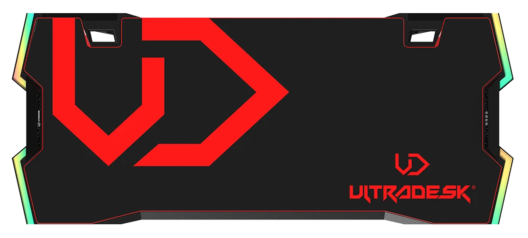 Žaidimų stalas Ultradesk Force Gaming Desk, LED RGB Prismatic, Baltas su juodu kilimėliu aprašymas - Prekės nuotrauka