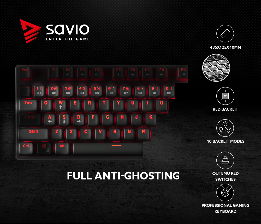 Mechaninė žaidimų klaviatūra Savio Tempest RX FULL Outemu RED, ENG išdėstymas aprašymas - Prekės nuotrauka