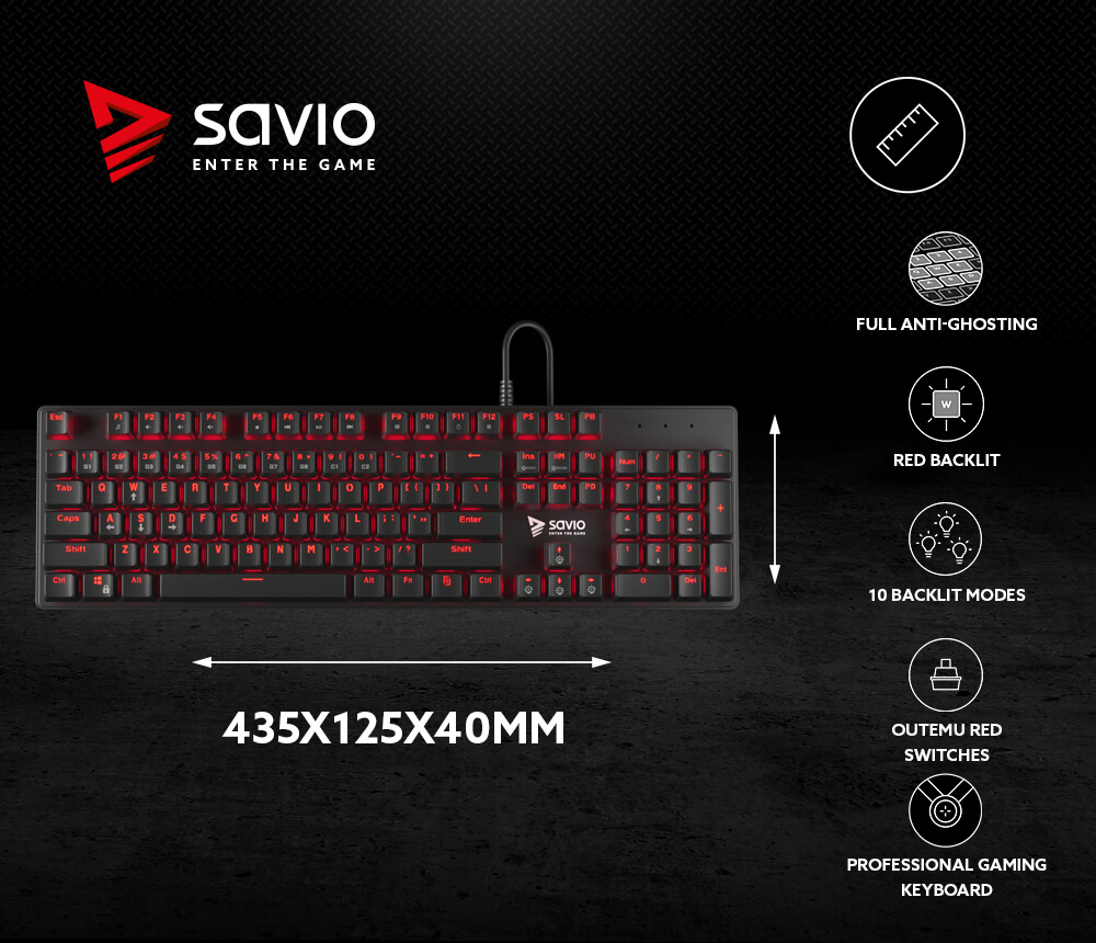 Mechaninė žaidimų klaviatūra Savio Tempest RX FULL Outemu RED, ENG išdėstymas aprašymas - Prekės nuotrauka