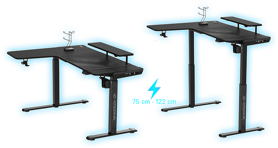 Reguliuojamo aukščio kampinis žaidimų stalas Ultradesk Winger LED RGB, Baltos spalvos aprašymas - Prekės nuotrauka