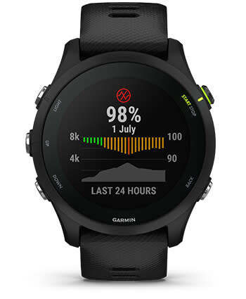 Išmanusis laikrodis Garmin Forerunner 255, Juodos spalvos apvadas su mėlynos spalvos silikoniniu dirželiu, 46mm aprašymas - Prekės nuotrauka