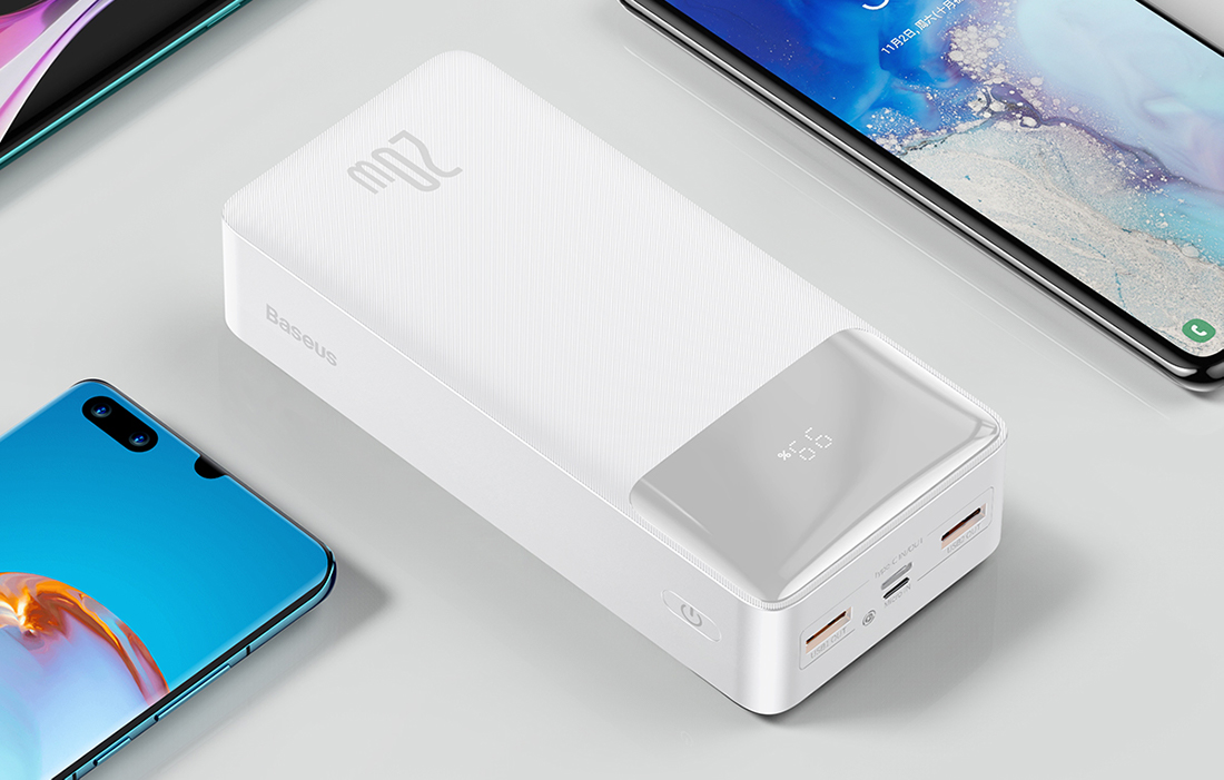 Baseus Bipow Fast Charge Power Bank PD+QC 30000mAh 20W baltas (Baltas) aprašymas - Prekės nuotrauka