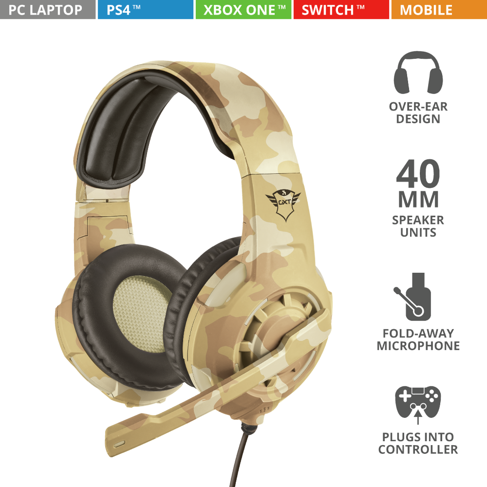 Žaidimų ausinės Trust GXT 310D Radius, Desert Camo, 22208 aprašymas - Prekės nuotrauka