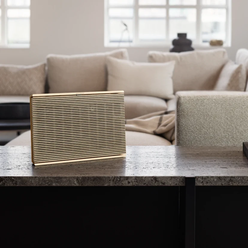 Bang & Olufsen Beosound Level Nešiojama Namų Kolonėlė, (Gold Tone Alu/Light Oak), su WiFi ir Google balso asistentu aprašymas - Prekės nuotrauka