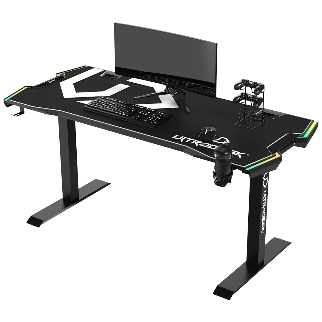 Žaidimų stalas Ultradesk Force Gaming Desk, LED RGB Prismatic, Baltas su juodu kilimėliu aprašymas - Prekės nuotrauka