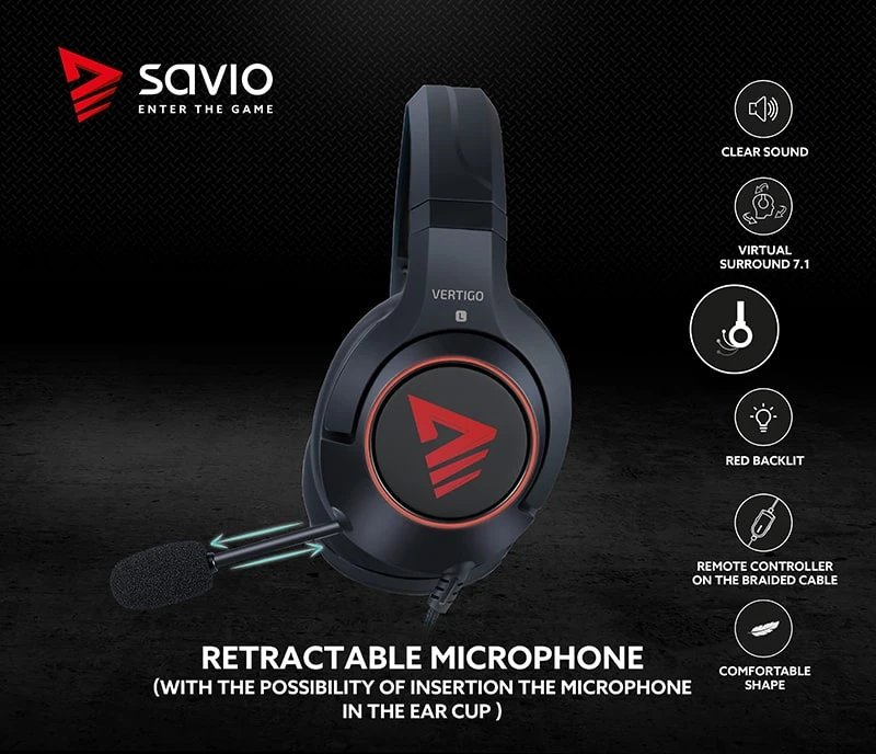 Žaidimų ausinės 7.1 virtual surround Savio VERTIGO su USB jungtimi aprašymas - Prekės nuotrauka