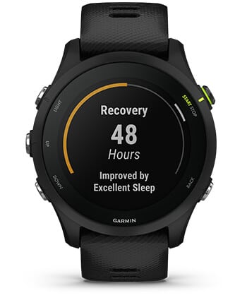 Išmanusis laikrodis Garmin Forerunner 255, Juodos spalvos apvadas su mėlynos spalvos silikoniniu dirželiu, 46mm aprašymas - Prekės nuotrauka