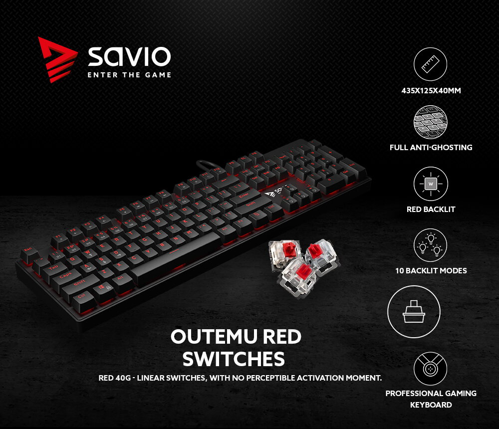 Mechaninė žaidimų klaviatūra Savio Tempest RX FULL Outemu RED, ENG išdėstymas aprašymas - Prekės nuotrauka