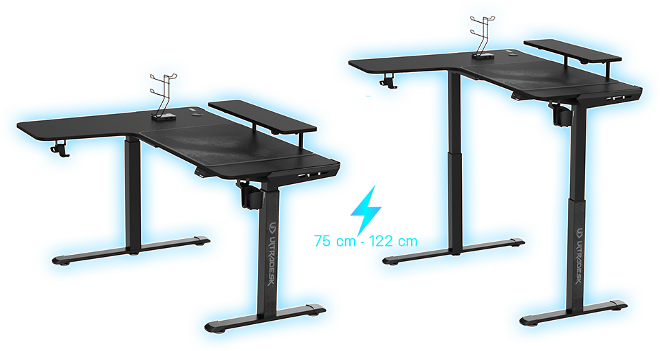 Reguliuojamo aukščio kampinis žaidimų stalas Ultradesk Winger LED RGB, Juodos spalvos aprašymas - Prekės nuotrauka
