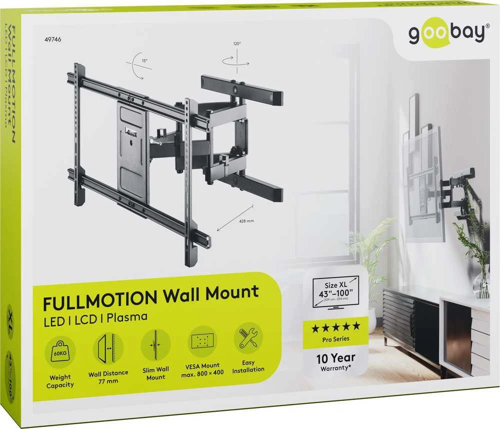 „Goobay“ sieninis laikiklis | Televizoriaus sieninis laikiklis „Pro FULLMOTION“, XL | 43–100 " | Maksimalus svoris (talpa) 60 kg | Juodas