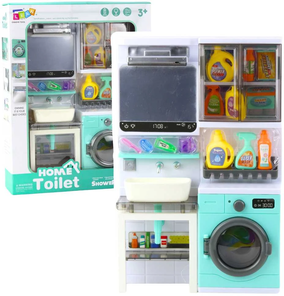 Lean Toys Žaislinis vonios kambarys su skalbimo mašina ir šviečiančiu veidrodžiu