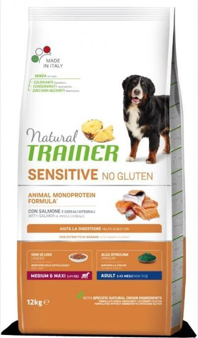 Natural Trainer ADULT DOG SENSITIVE be gliuteno Medium/Maxi su lašiša 12kg