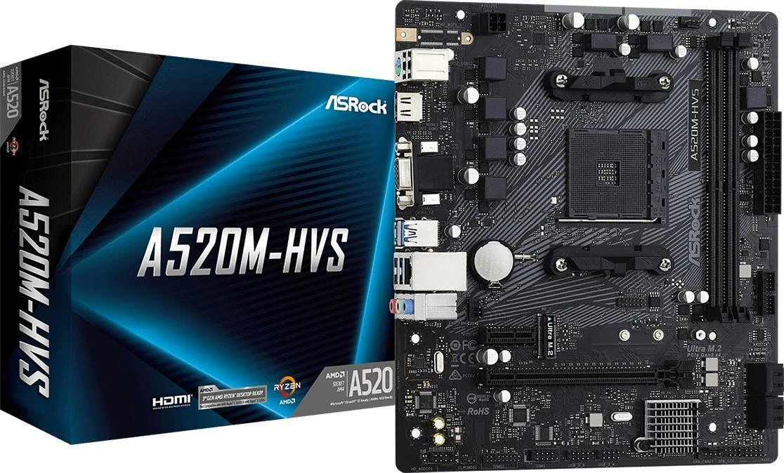 Pagrindinė plokštė ASROCK AMD A520 / SAM4 / MicroATX / 1xPCI-Express 3.0 1x / 1xPCI-Express 3.0 16x / 1xM.2 / Memory DDR4 / Atminties lizdai 2 / 1x15pin D-sub / 1xHDMI / 2xAudio-In / 1xAudio-Out / 2xUSB 2.0 / 4xUSB 3.2 / 1xPS/2 / 1xRJ45