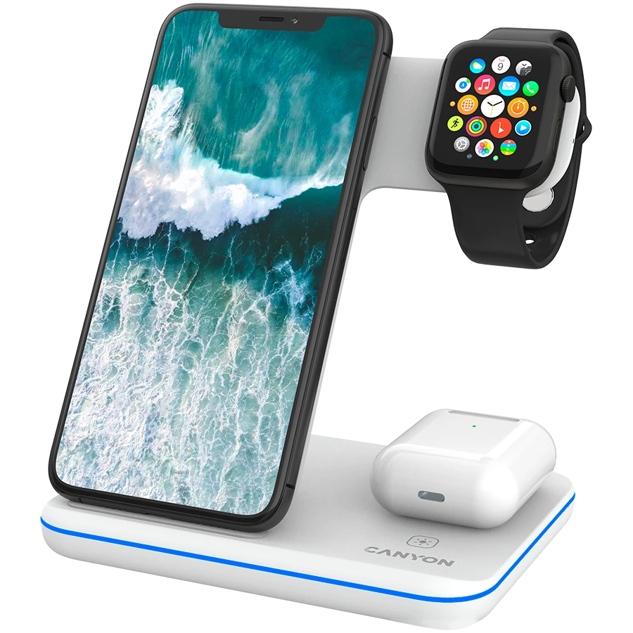 Universalus Belaidis įkroviklis Canyon 3in1 Wireless Charger WS-303, tinka vienu metu įkrauti Apple Watch, iPhone ir Airpods