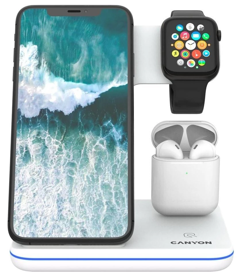 Universalus Belaidis įkroviklis Canyon 3in1 Wireless Charger WS-302, tinka vienu metu įkrauti Apple Watch, iPhone ir Airpods