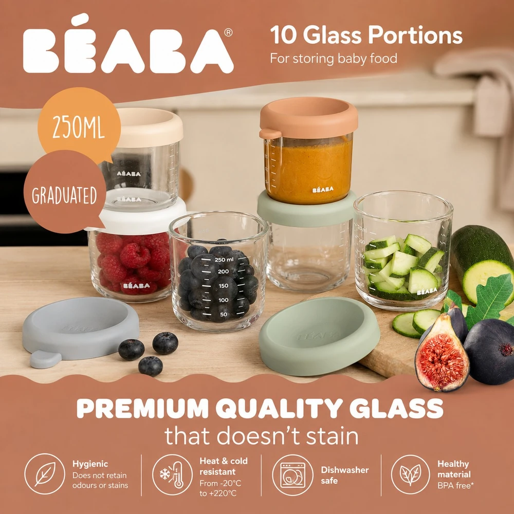 BEABA 10 VNT. STIKLINIŲ INDELIŲ RINKINYS (250 ML), NATURAL COLOURS