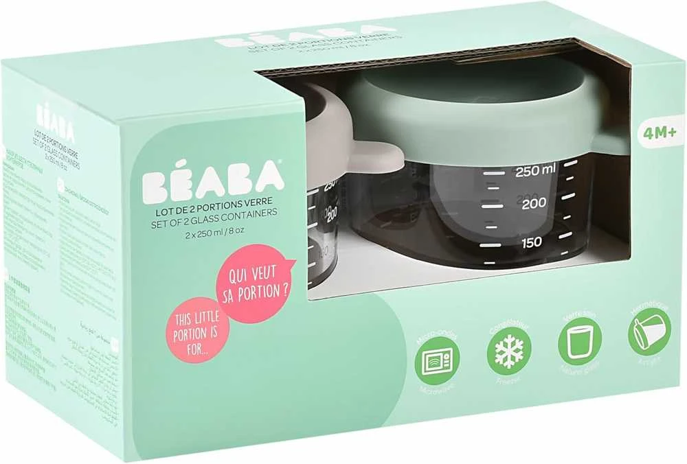BEABA 2 VNT. STIKLINIŲ INDELIŲ RINKINYS (250 ML), SAGE Žalias/Pilkas