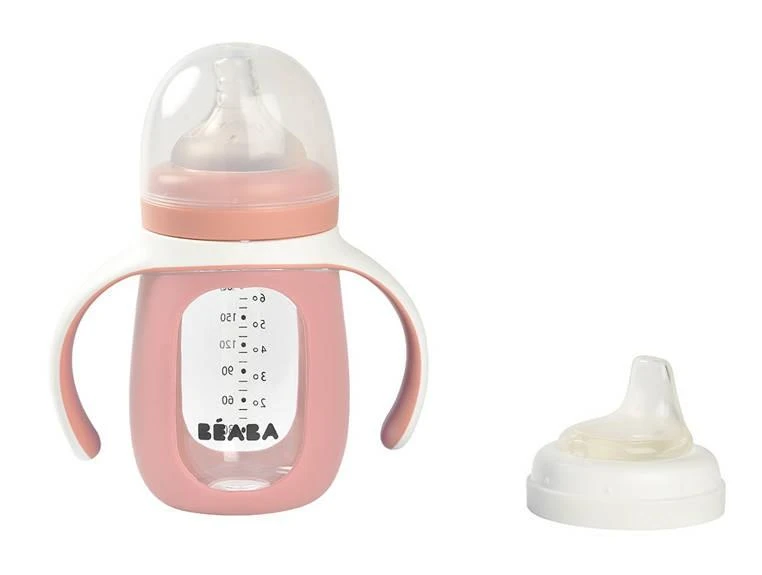 BEABA MOKOMASIS STIKLINIS BUTELIUKAS-GERTUVĖ 2IN1, 210 ML, OLD Rožinis, SILIKONINIAME DĖKLE