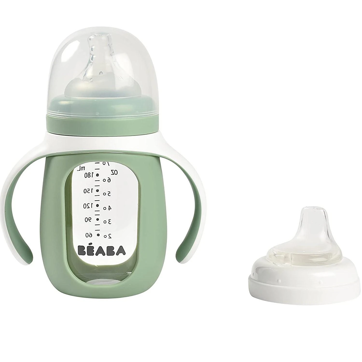BEABA MOKOMASIS STIKLINIS BUTELIUKAS-GERTUVĖ 2IN1, 210 ML, SAGE Žalias, SILIKONINIAME DĖKLE