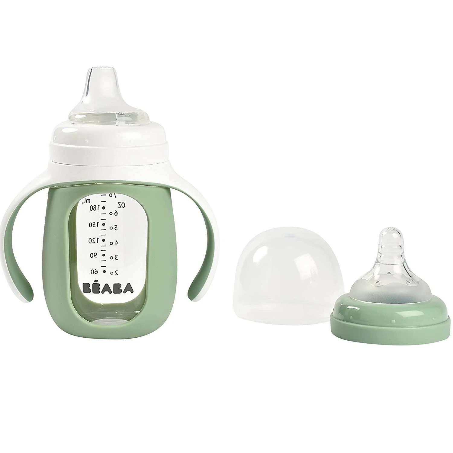 BEABA MOKOMASIS STIKLINIS BUTELIUKAS-GERTUVĖ 2IN1, 210 ML, SAGE Žalias, SILIKONINIAME DĖKLE