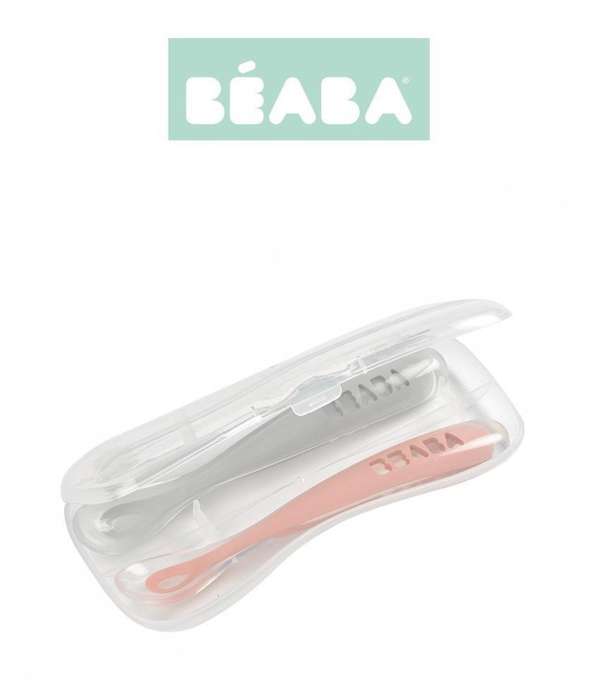 BEABA PRADINIO MAITINIMO SILIKONINIŲ 2 VNT.ŠAUKŠTELIŲ RINKINYS SU DĖŽUTE, COTTON CANDY/SORBET DUO