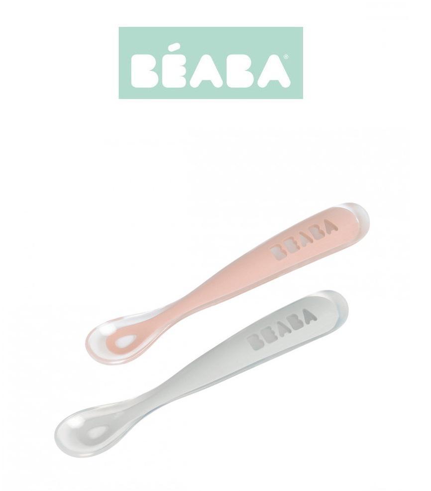 BEABA PRADINIO MAITINIMO SILIKONINIŲ 2 VNT.ŠAUKŠTELIŲ RINKINYS SU DĖŽUTE, COTTON CANDY/SORBET DUO