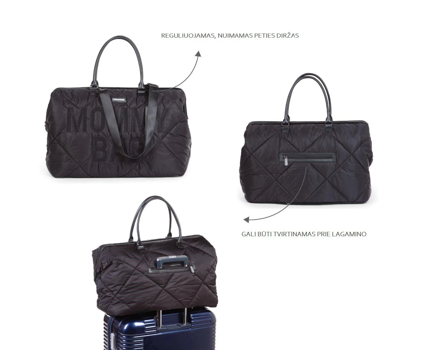 CHILDHOME DIDELIS MAMOS REIKMENŲ KREPŠYS MOMMY BAG, PUFFERED - Juodas