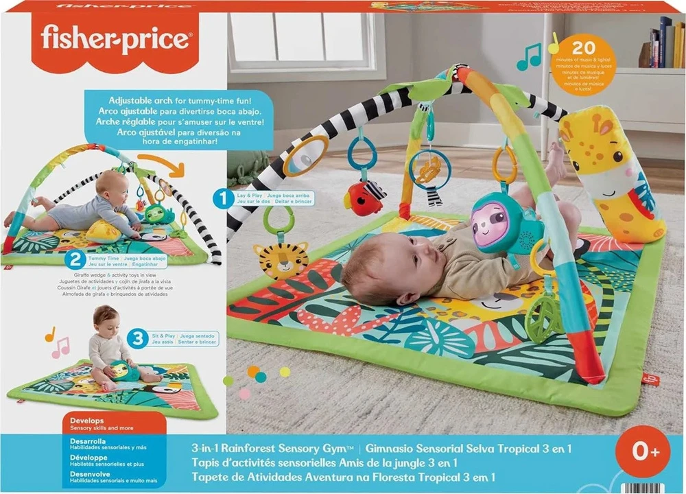 Lavinamasis kilimėlis Fisher-Price 3-in-1 Rainforest Sensory Gym, su atogrąžų miško gyvūnais (FPHJW08)