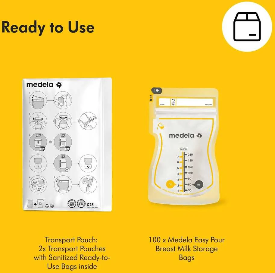 MEDELA EASY POUR MOTINOS PIENO LAIKYMO MAIŠELIAI, 210 ML, 100 VNT.