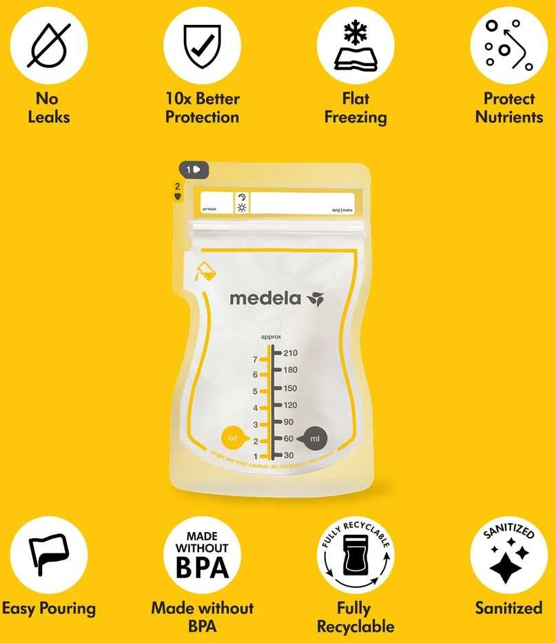 MEDELA EASY POUR MOTINOS PIENO LAIKYMO MAIŠELIAI, 210 ML, 100 VNT.