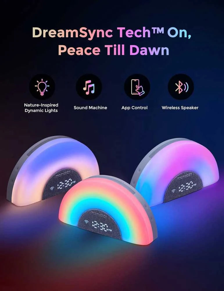 MOMCOZY BALTOJO TRIUKŠMO APARATAS ŽADINTUVAS DREAMSYNC™ SU VAIVORYKŠTĖS ŠVIESA, Pilkas