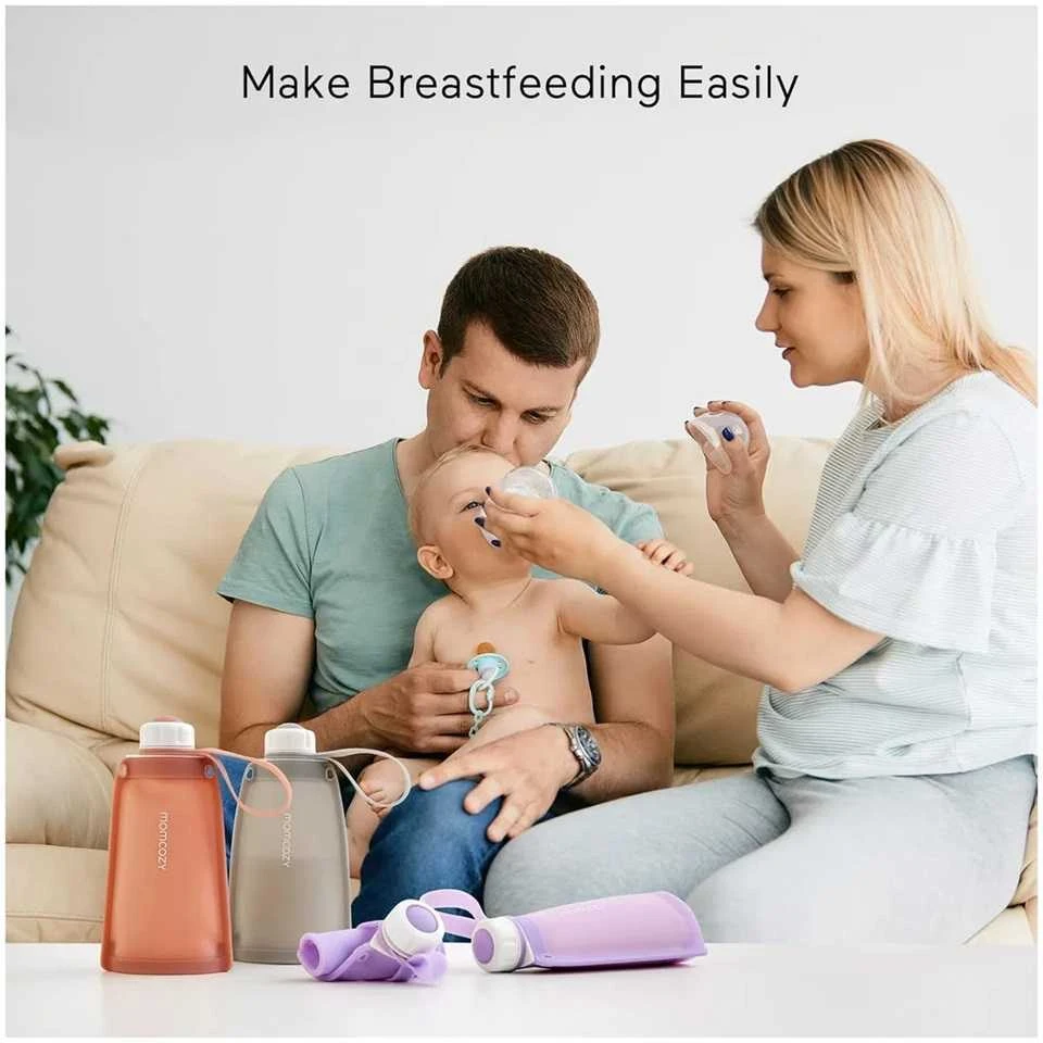 MOMCOZY DAUGKARTINIAI SILIKONINIAI PIENO IR MAISTO LAIKYMO MAIŠELIAI, 2 VNT. VIOLETINIS IR RAUSVAS