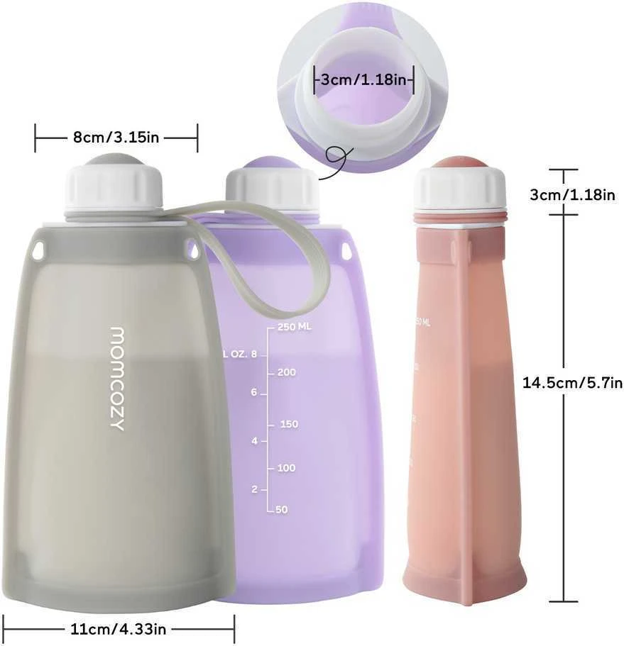 MOMCOZY DAUGKARTINIAI SILIKONINIAI PIENO IR MAISTO LAIKYMO MAIŠELIAI, 2 VNT. VIOLETINIS IR PILKAS