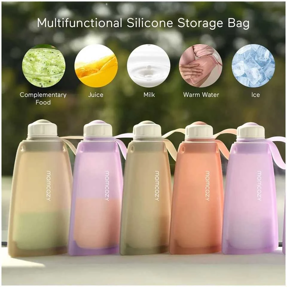 MOMCOZY DAUGKARTINIAI SILIKONINIAI PIENO IR MAISTO LAIKYMO MAIŠELIAI, 5 VNT., PILKI