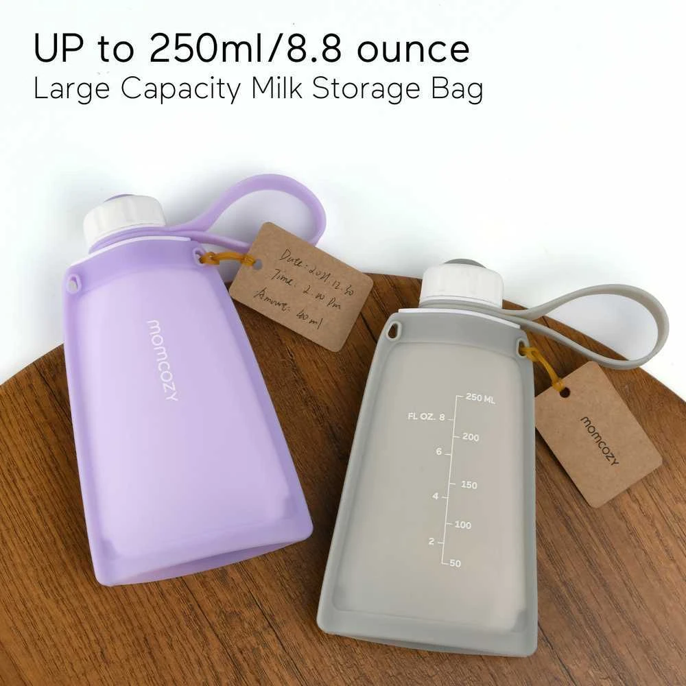 MOMCOZY DAUGKARTINIAI SILIKONINIAI PIENO IR MAISTO LAIKYMO MAIŠELIAI, 2 VNT. VIOLETINIS IR PILKAS