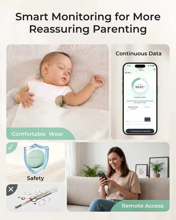 MOMCOZY IŠMANUSIS KŪDIKIŲ TERMOMETRAS – MEDICININIS TIKSLUMAS IR NUOLATINĖ TEMPERATŪROS KONTROLĖ PROGRAMĖLĖJE