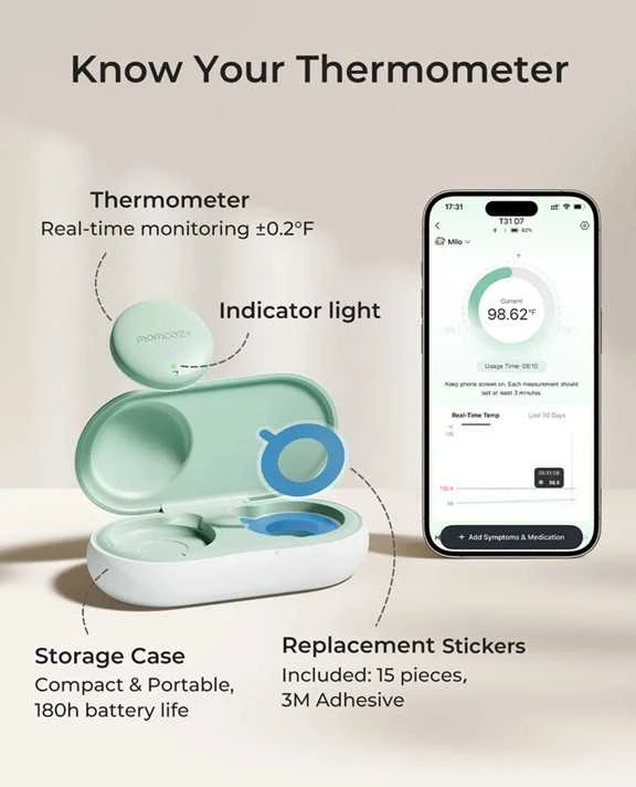 MOMCOZY IŠMANUSIS KŪDIKIŲ TERMOMETRAS – MEDICININIS TIKSLUMAS IR NUOLATINĖ TEMPERATŪROS KONTROLĖ PROGRAMĖLĖJE