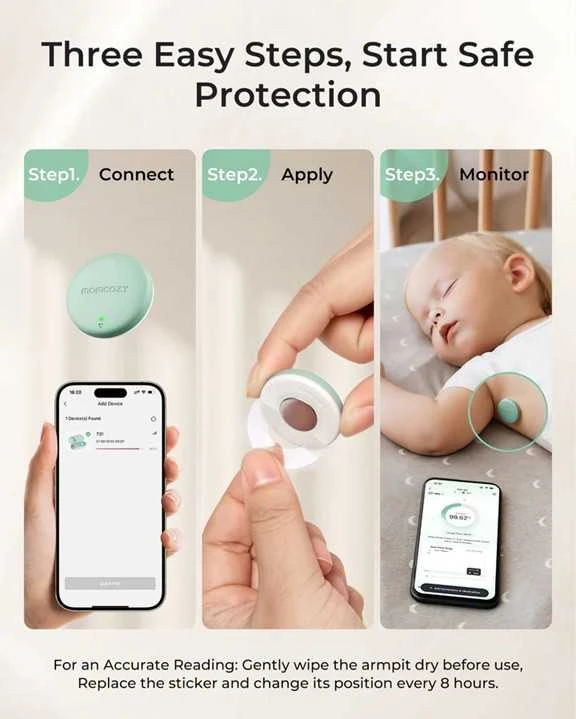 MOMCOZY IŠMANUSIS KŪDIKIŲ TERMOMETRAS – MEDICININIS TIKSLUMAS IR NUOLATINĖ TEMPERATŪROS KONTROLĖ PROGRAMĖLĖJE
