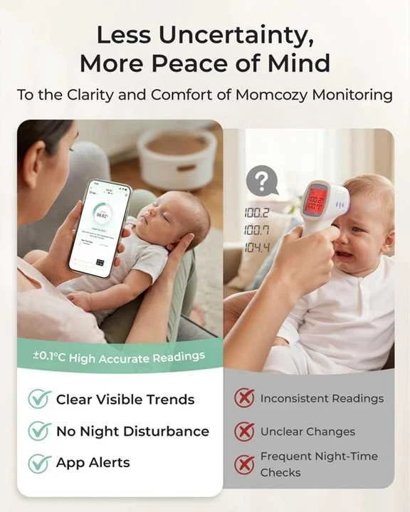 MOMCOZY IŠMANUSIS KŪDIKIŲ TERMOMETRAS – MEDICININIS TIKSLUMAS IR NUOLATINĖ TEMPERATŪROS KONTROLĖ PROGRAMĖLĖJE