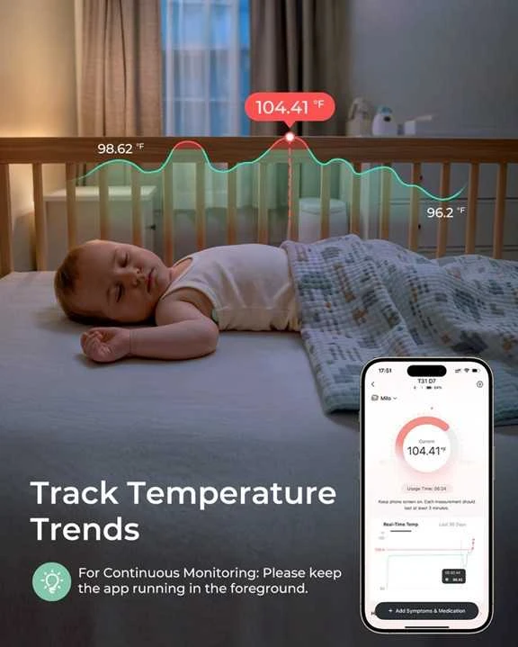 MOMCOZY IŠMANUSIS KŪDIKIŲ TERMOMETRAS – MEDICININIS TIKSLUMAS IR NUOLATINĖ TEMPERATŪROS KONTROLĖ PROGRAMĖLĖJE