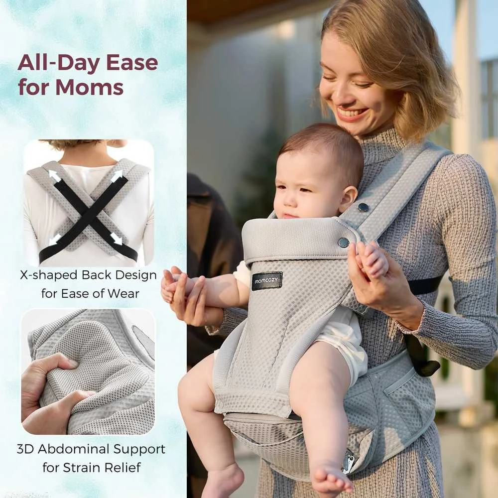 MOMCOZY KŪDIKIŲ NEŠIOKLĖ MOVE2FIT 2IN1 SU KLUBŲ SĖDYNE, SU TINKLELIU, PILKA