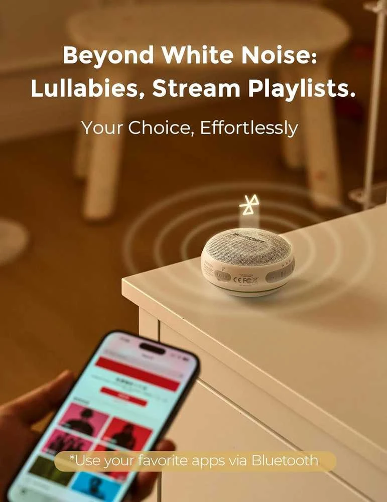 MOMCOZY MOBILUS BALTOJO TRIUKŠMO APARATAS SU NAKTINE ŠVIESA