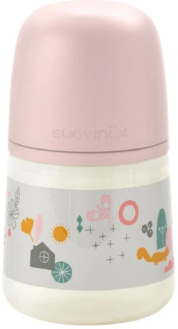 Rožinis Suavinex 150 ml buteliukas su piešiniais