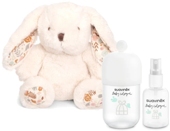 SUAVINEX BABY COLOGNE DOVANŲ RINKINYS: KVAPUSIS VANDUO KŪDIKIAMS 100 ML IR 50 ML, PLIUŠINIS ZUIKUTIS